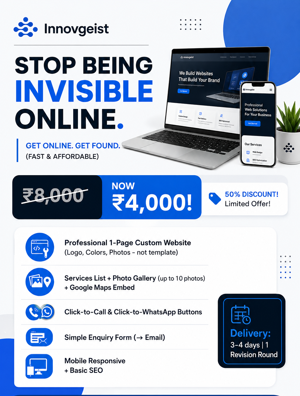 Innovgeist offer — professional 1-page website, now ₹4,000 (50% off)
